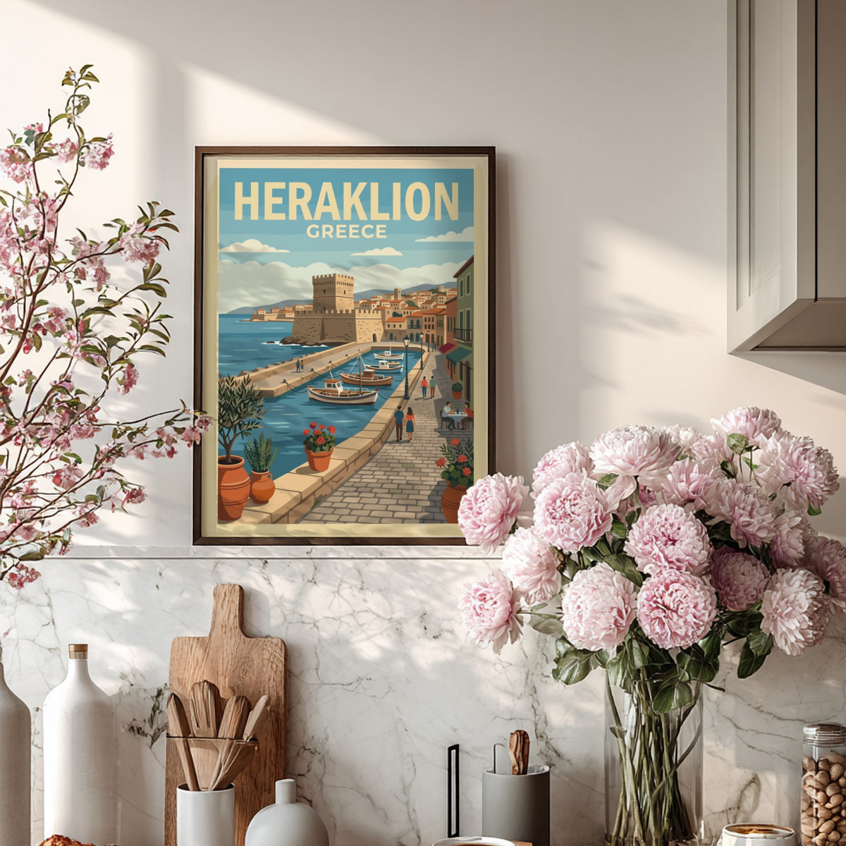 Poster of Heraklion Greece featuring a historic fortress harbor with boats and flowers.