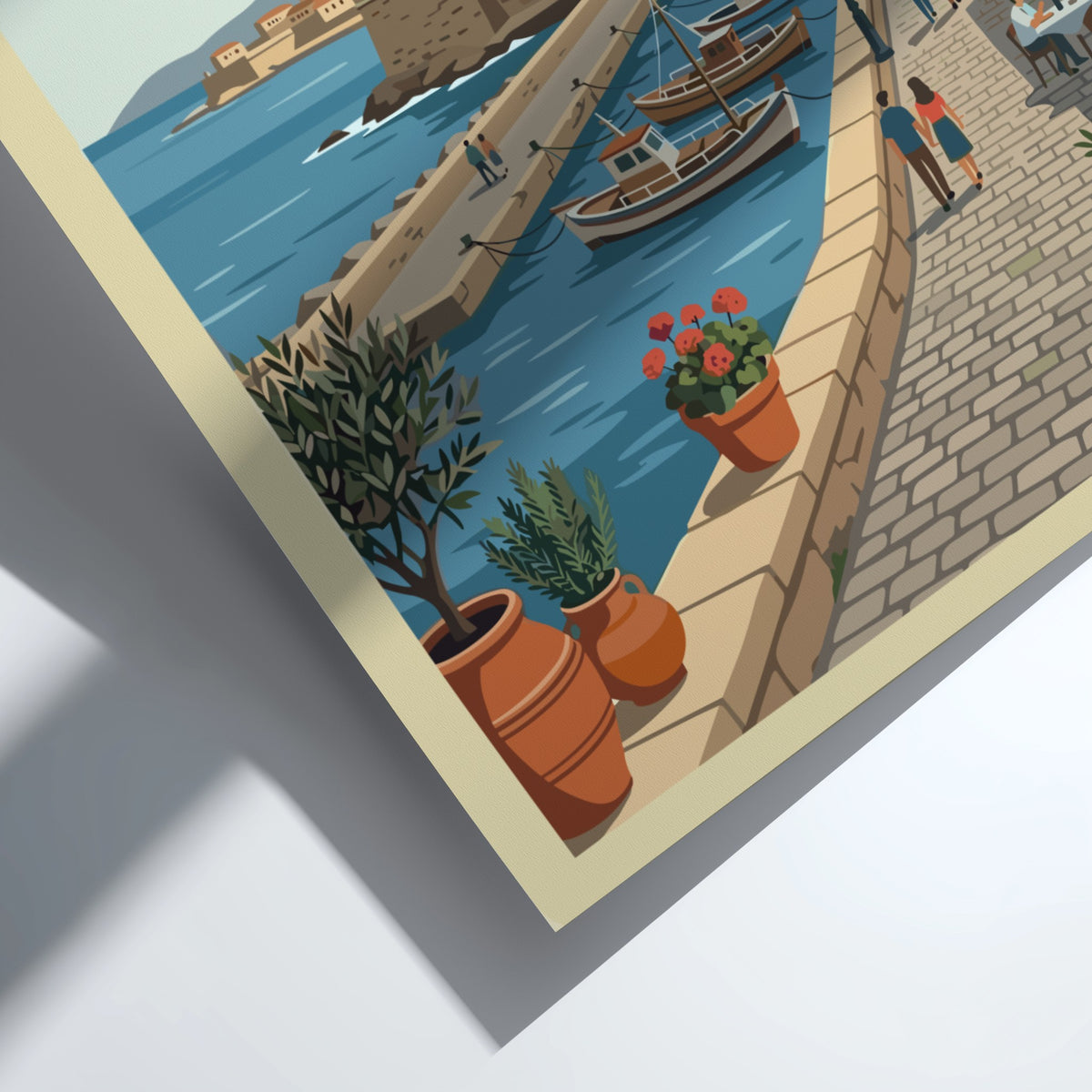 Poster of Heraklion Greece featuring a historic fortress harbor with boats and flowers.