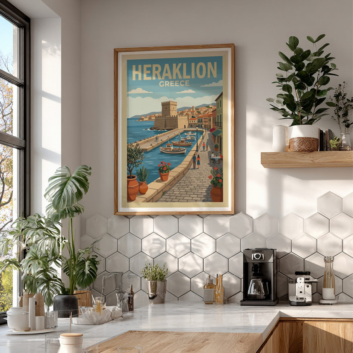 Poster of Heraklion Greece featuring a historic fortress harbor with boats and flowers.
