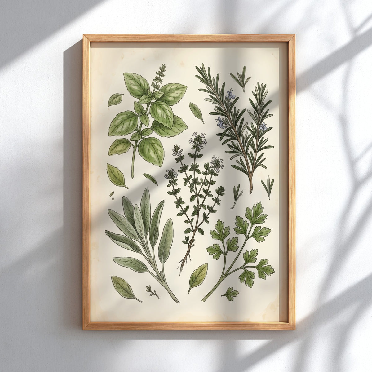Botanical kitchen poster featuring hand-drawn basil, rosemary, thyme, sage, and parsley on cream.