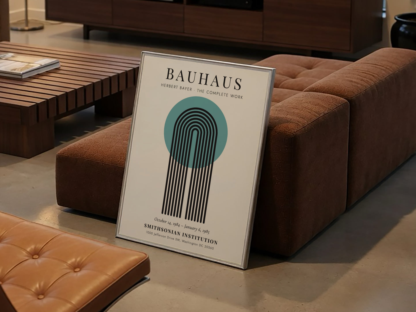 Bauhaus poster featuring Herbert Bayer's design with geometric shapes and vibrant colors