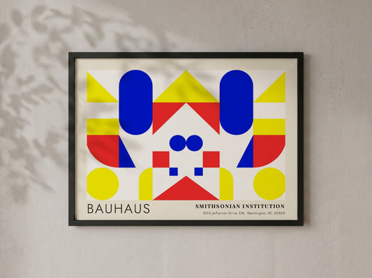 Bauhaus exhibition poster featuring geometric shapes in yellow red and blue by Herbert Bayer