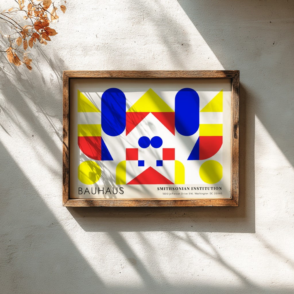 Bauhaus exhibition poster featuring geometric shapes in yellow red and blue by Herbert Bayer
