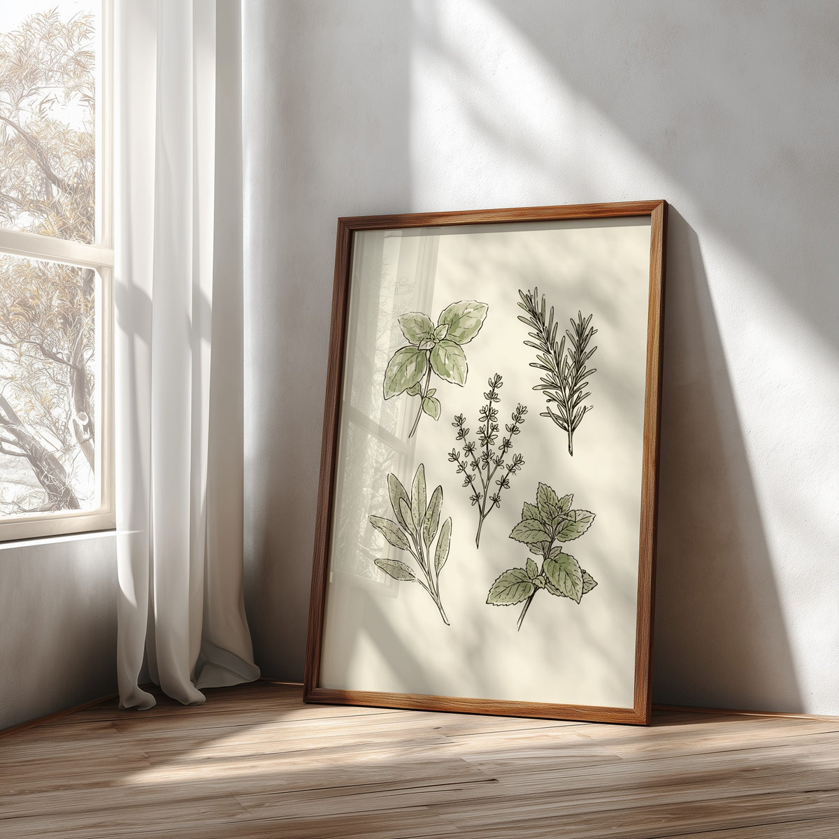 Poster featuring hand-drawn culinary herbs including basil, rosemary, thyme, sage and mint on cream.