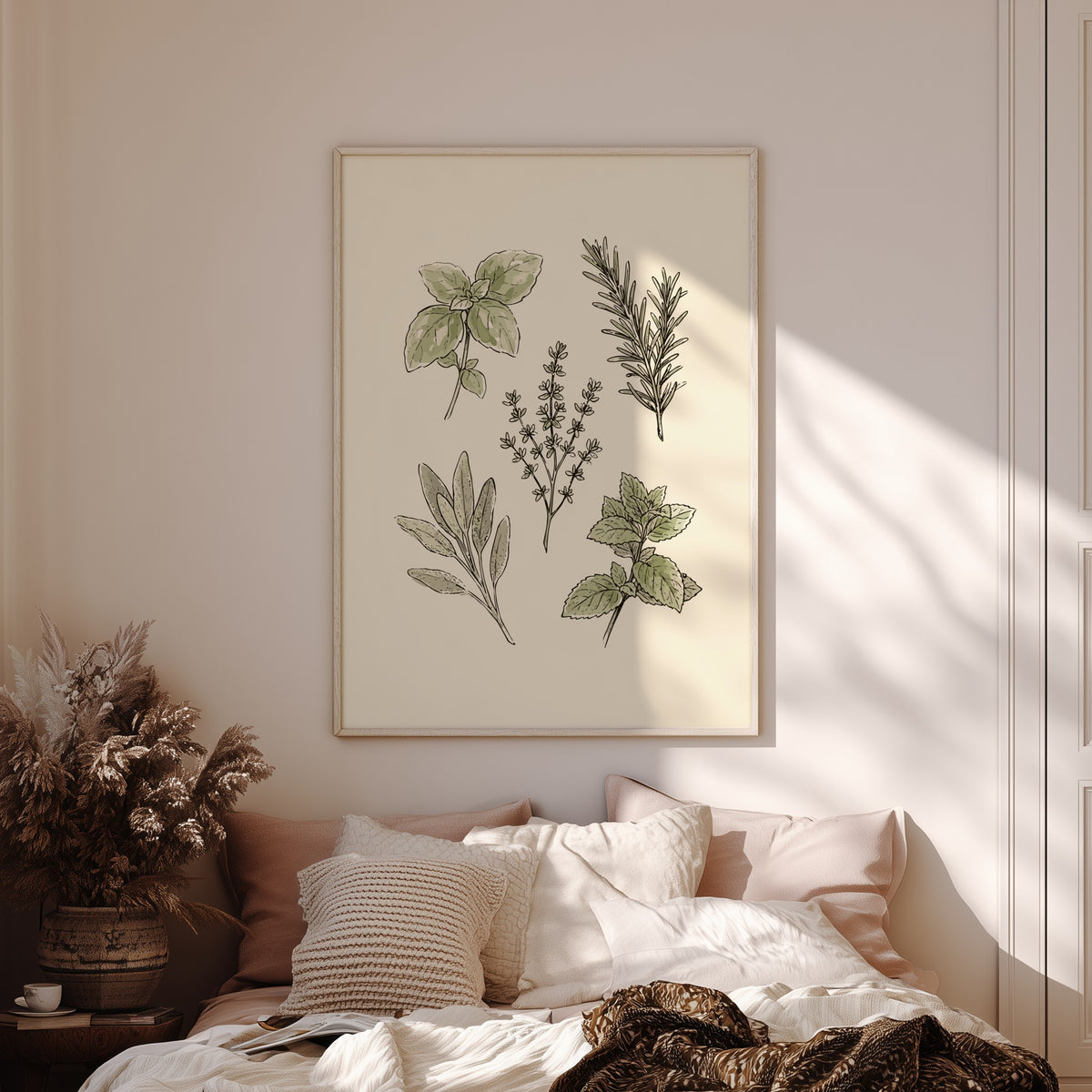 Poster featuring hand-drawn culinary herbs including basil, rosemary, thyme, sage and mint on cream.
