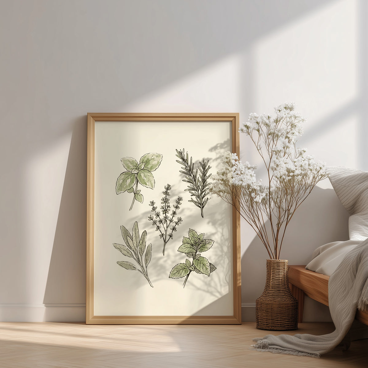 Poster featuring hand-drawn culinary herbs including basil, rosemary, thyme, sage and mint on cream.