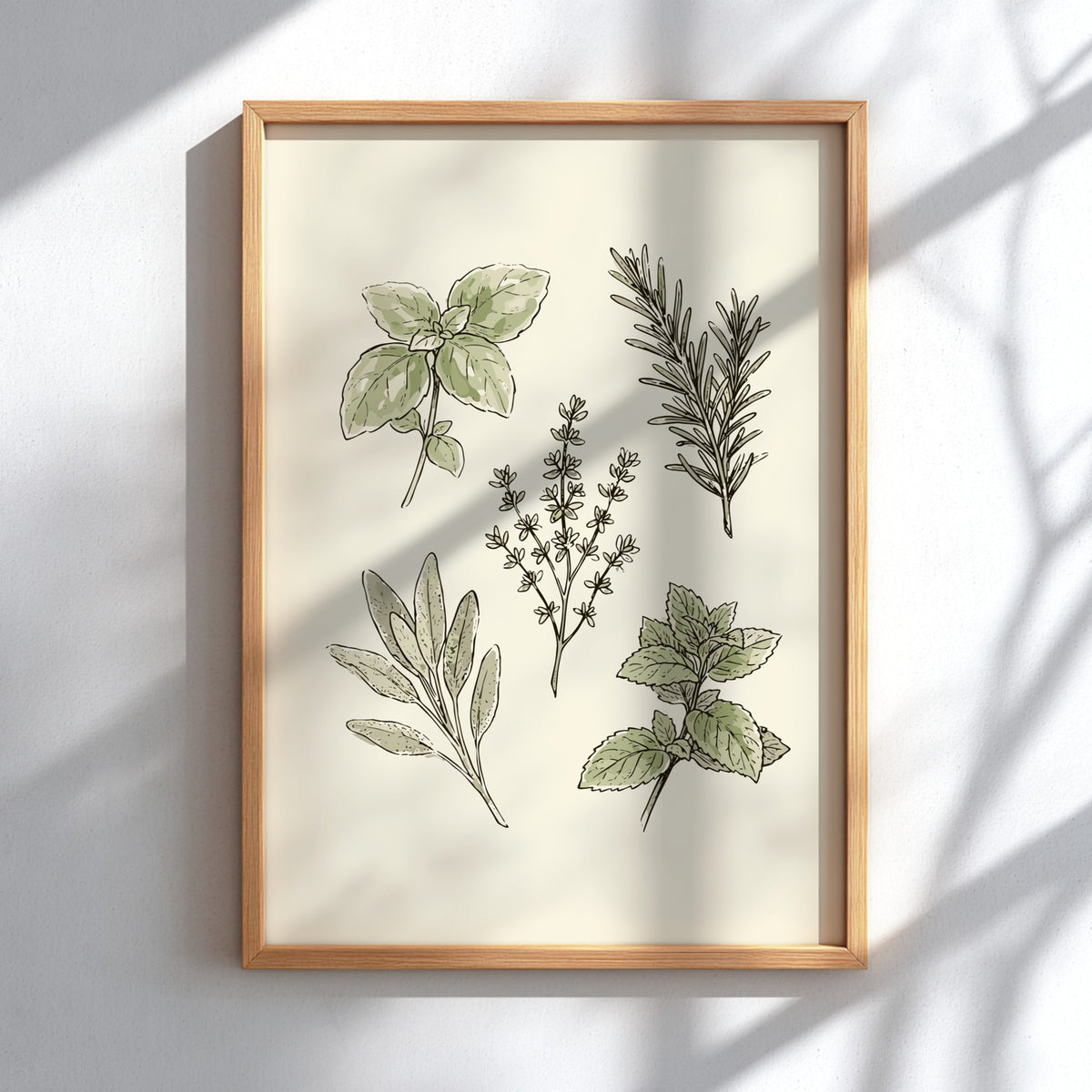 Poster featuring hand-drawn culinary herbs including basil, rosemary, thyme, sage and mint on cream.