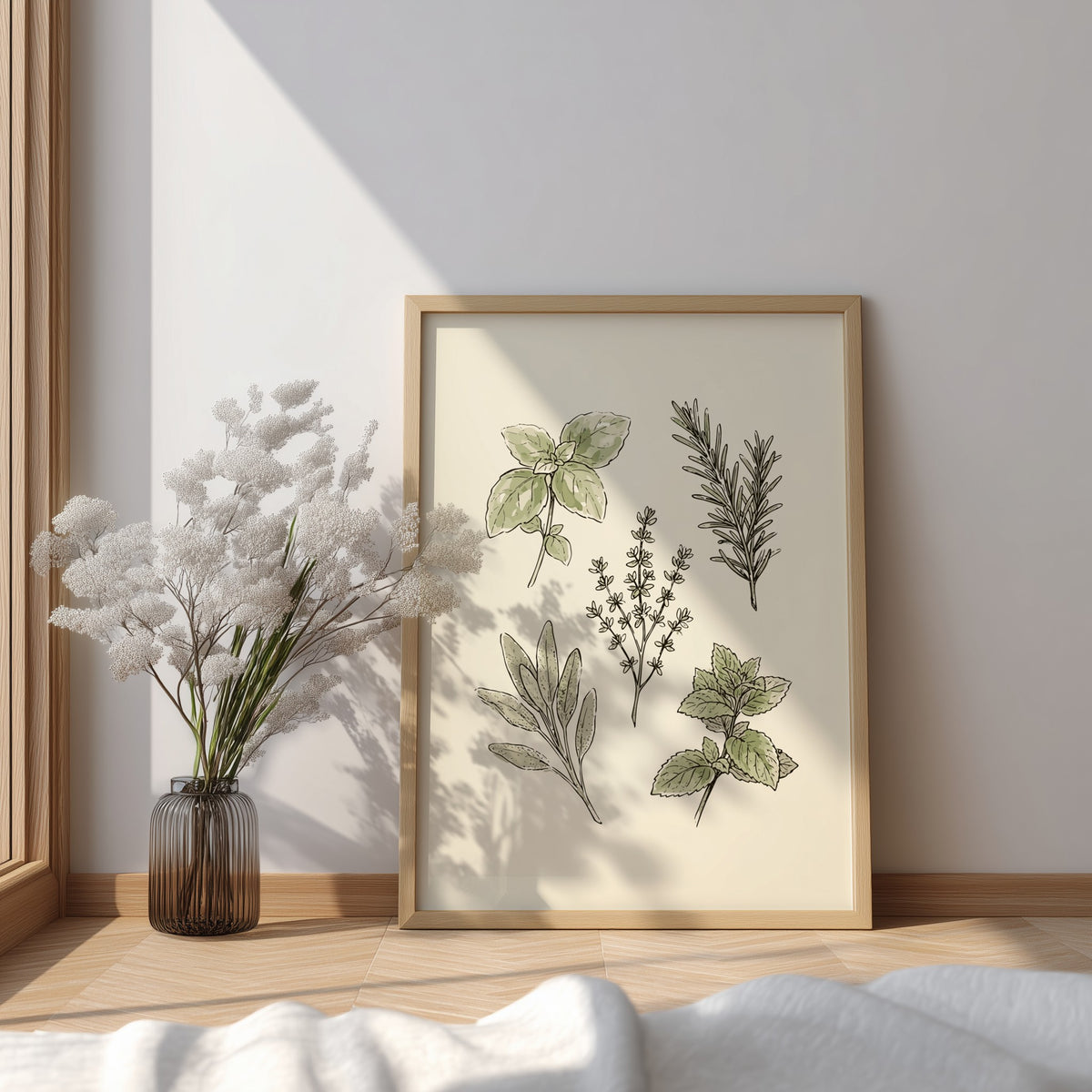 Poster featuring hand-drawn culinary herbs including basil, rosemary, thyme, sage and mint on cream.