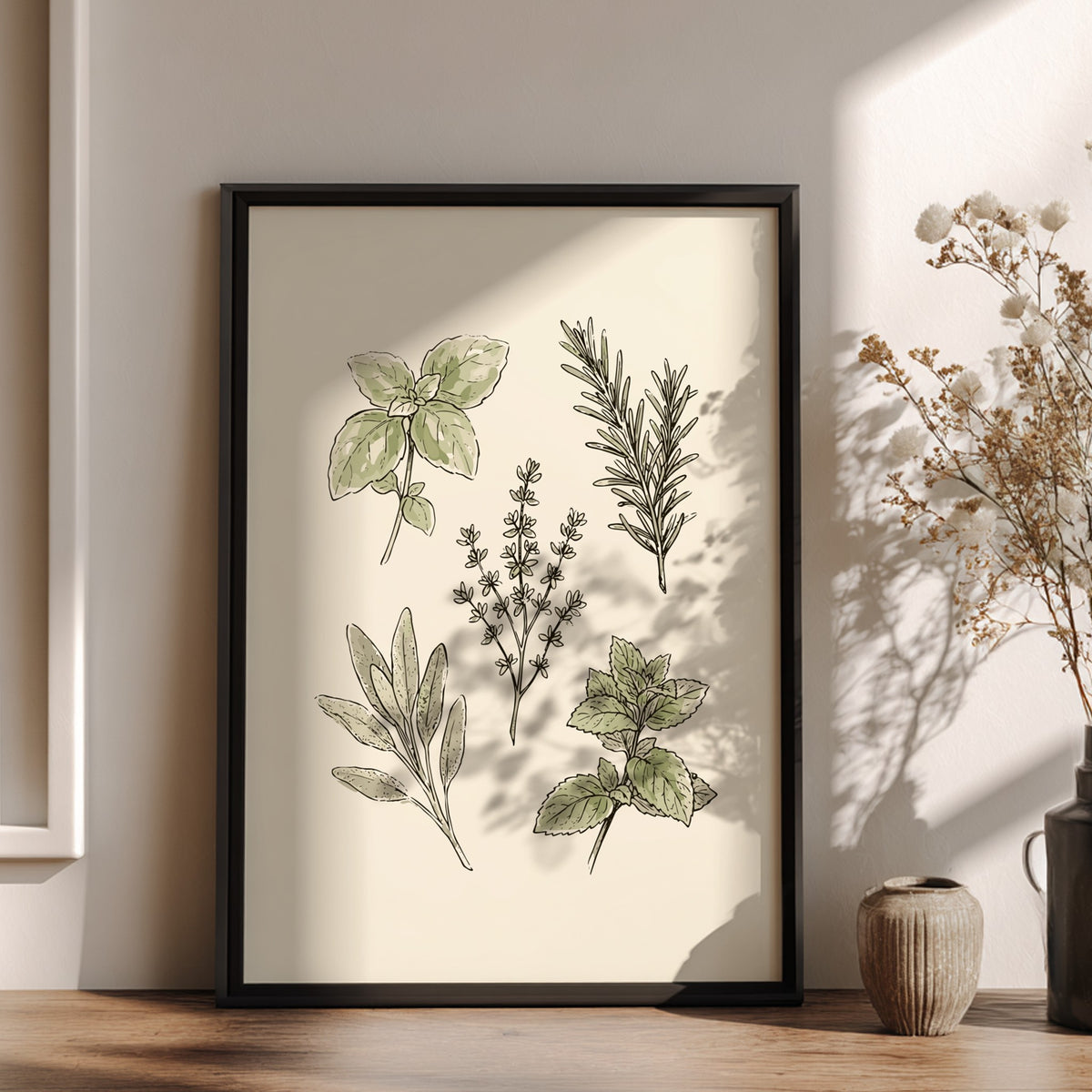 Poster featuring hand-drawn culinary herbs including basil, rosemary, thyme, sage and mint on cream.