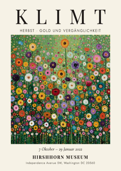 Klimt-inspired poster featuring colorful wildflowers in gold and green tones