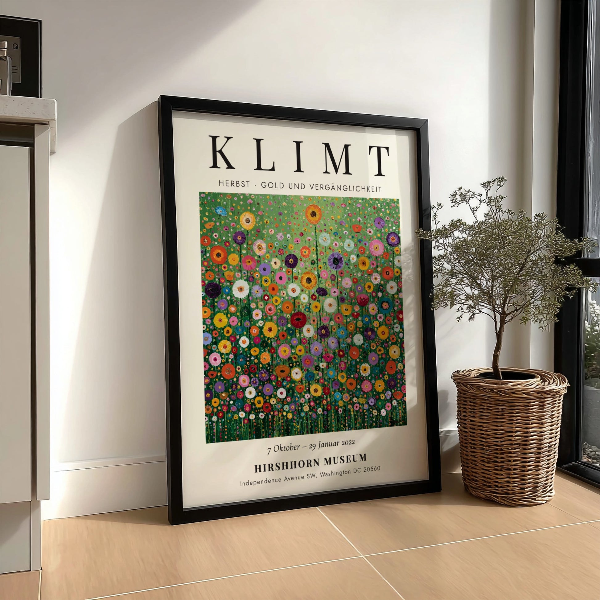 Klimt-inspired poster featuring colorful wildflowers in gold and green tones