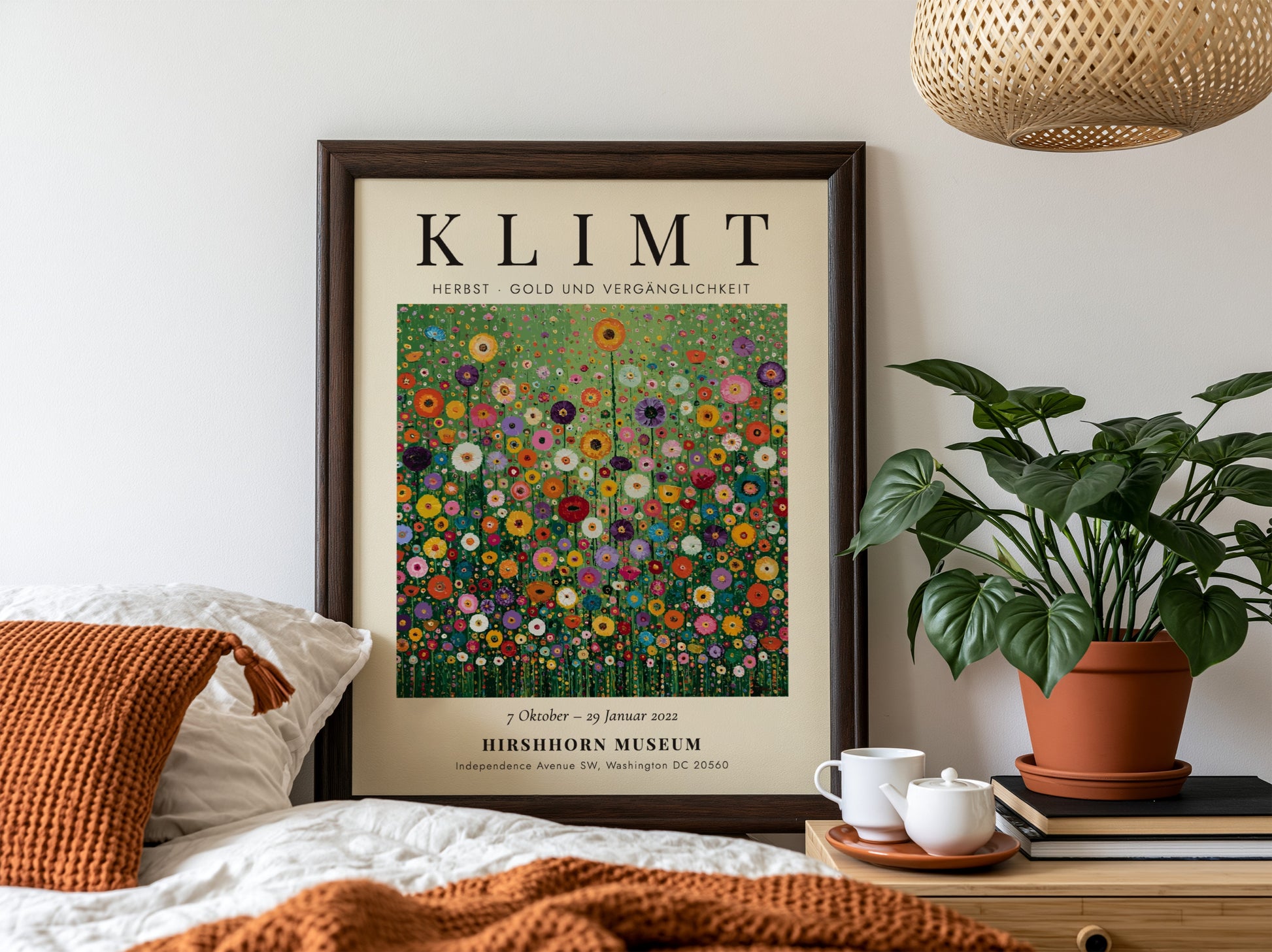 Klimt-inspired poster featuring colorful wildflowers in gold and green tones