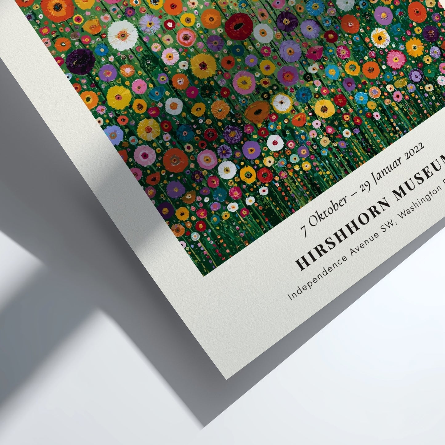 Klimt-inspired poster featuring colorful wildflowers in gold and green tones
