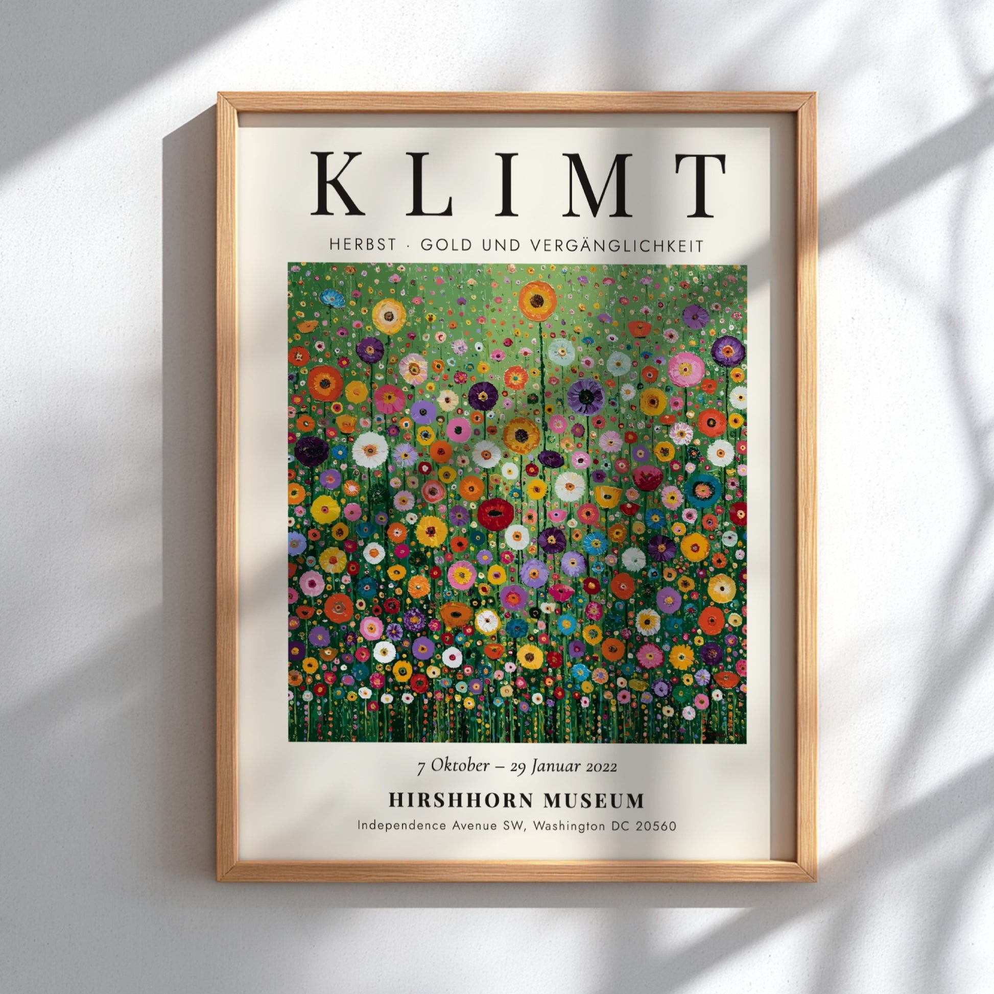 Klimt-inspired poster featuring colorful wildflowers in gold and green tones