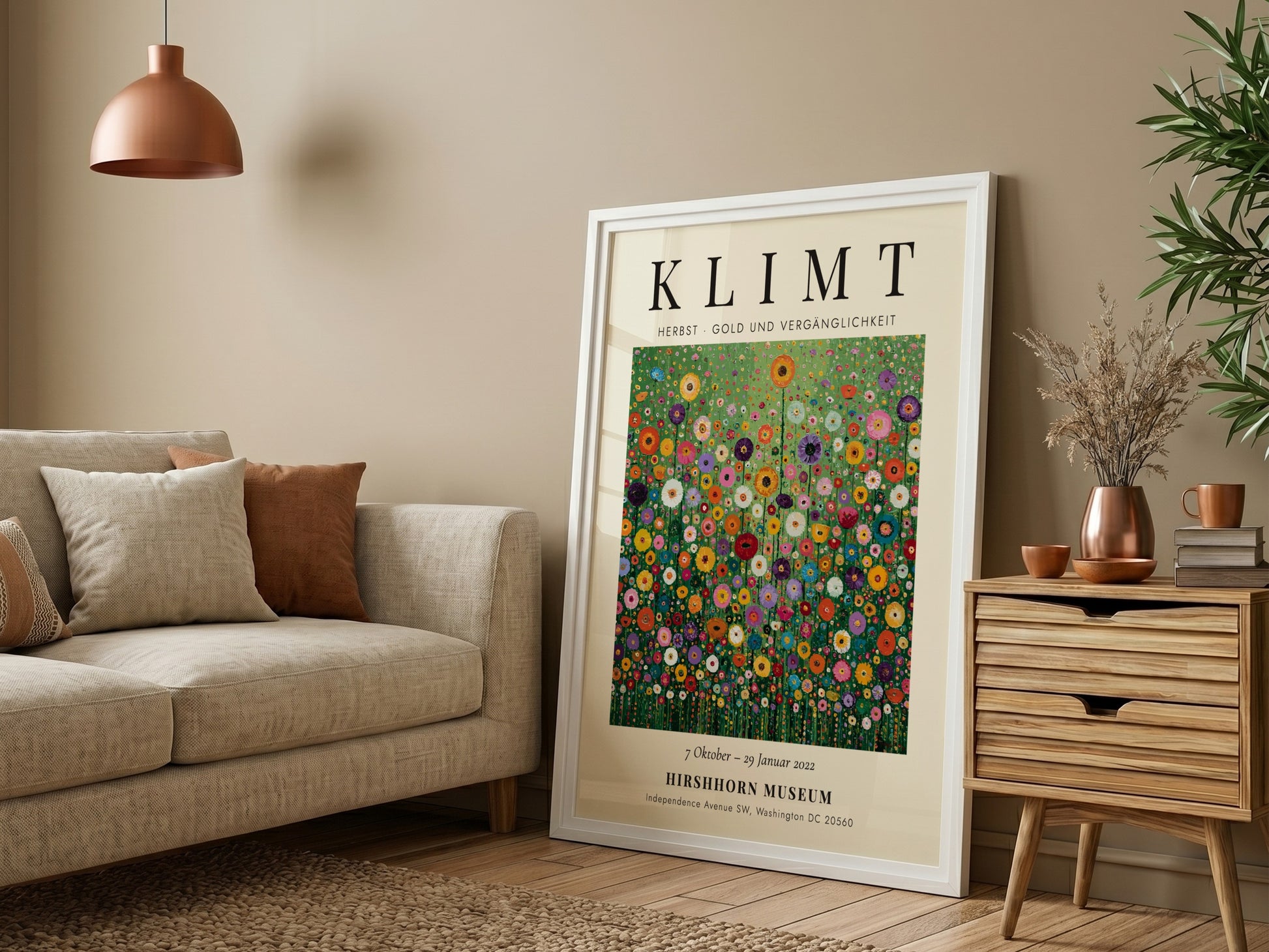 Klimt-inspired poster featuring colorful wildflowers in gold and green tones