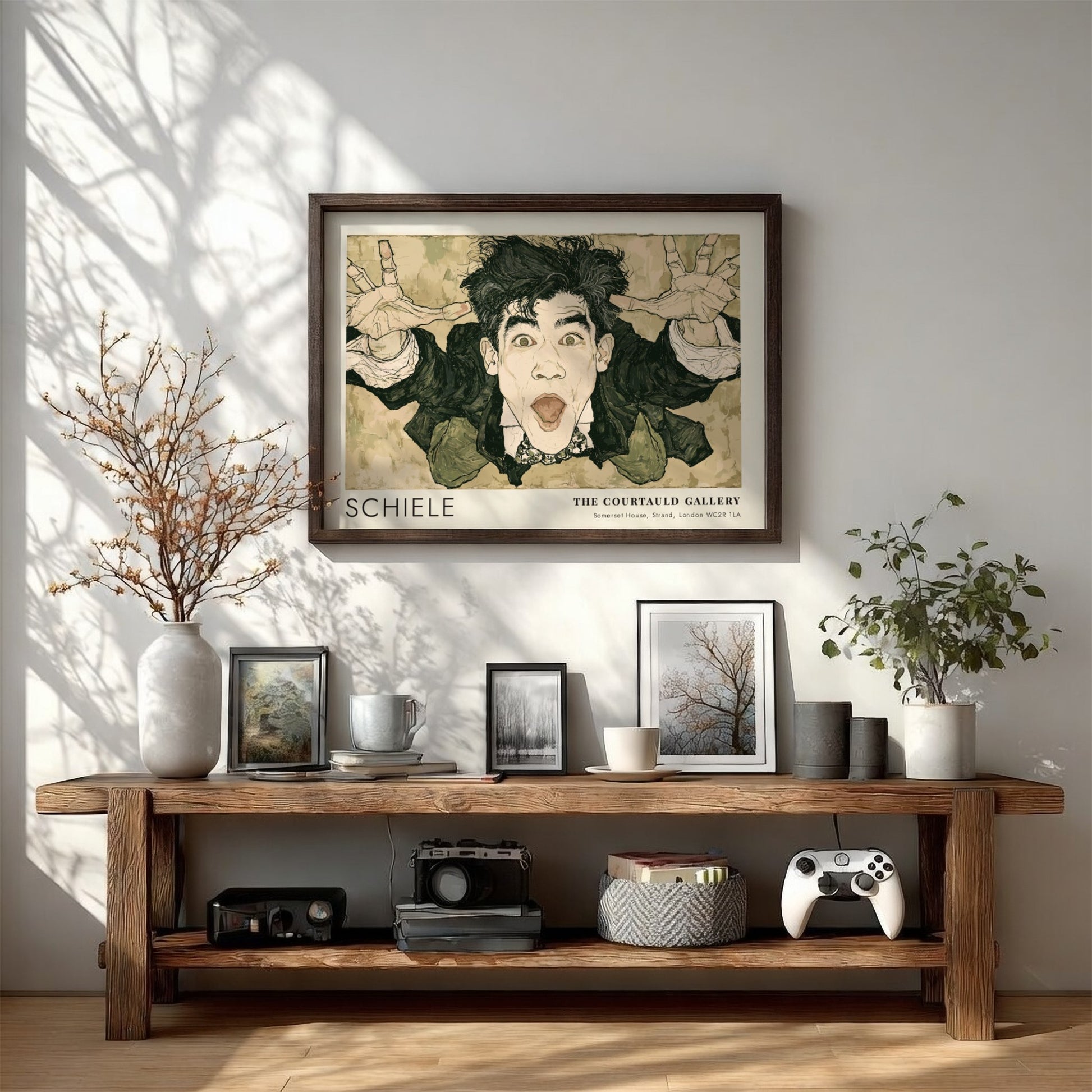 Wall art poster featuring an expressive Egon Schiele self-portrait with text from The Courtauld Gallery