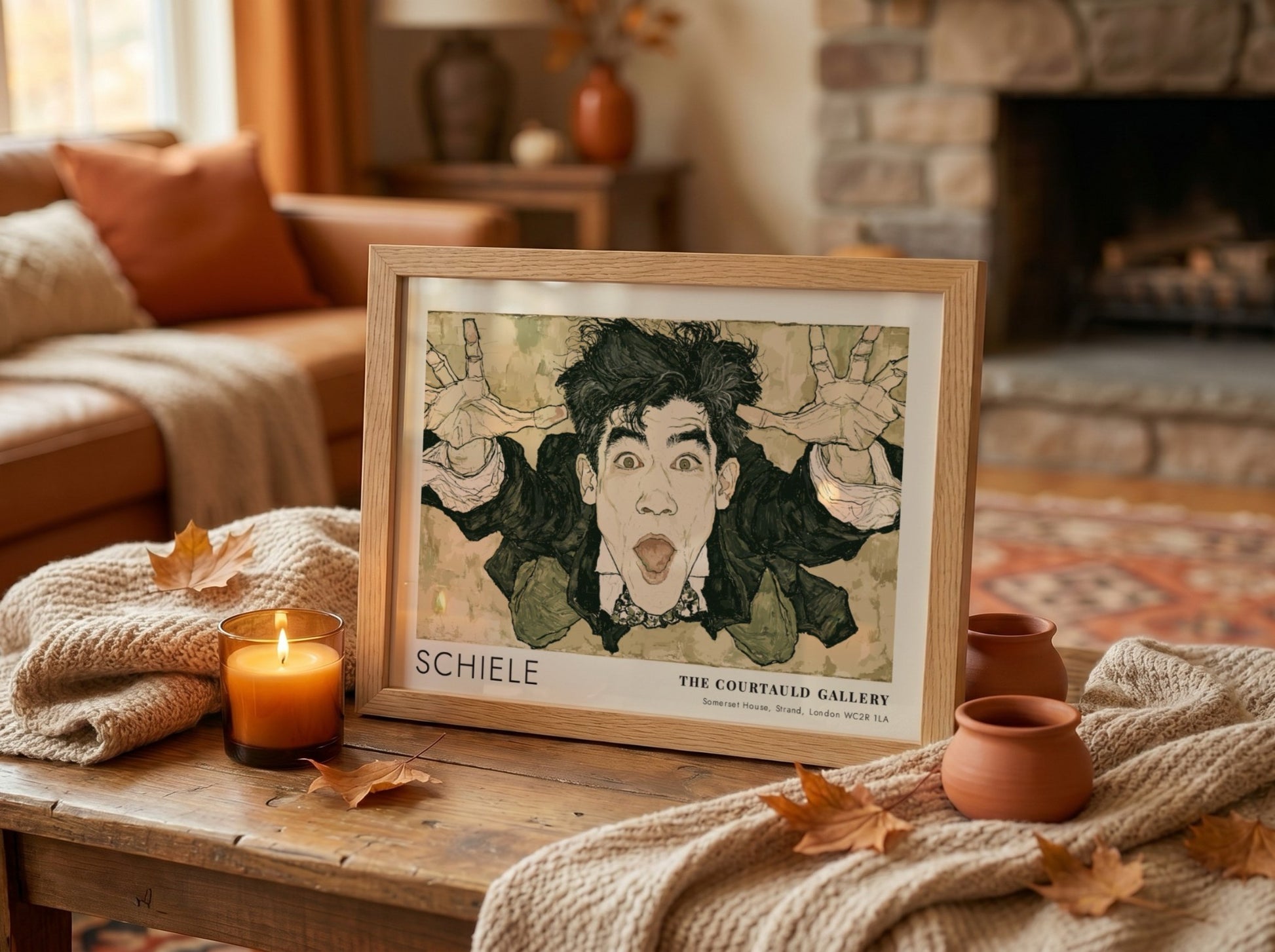 Wall art poster featuring an expressive Egon Schiele self-portrait with text from The Courtauld Gallery