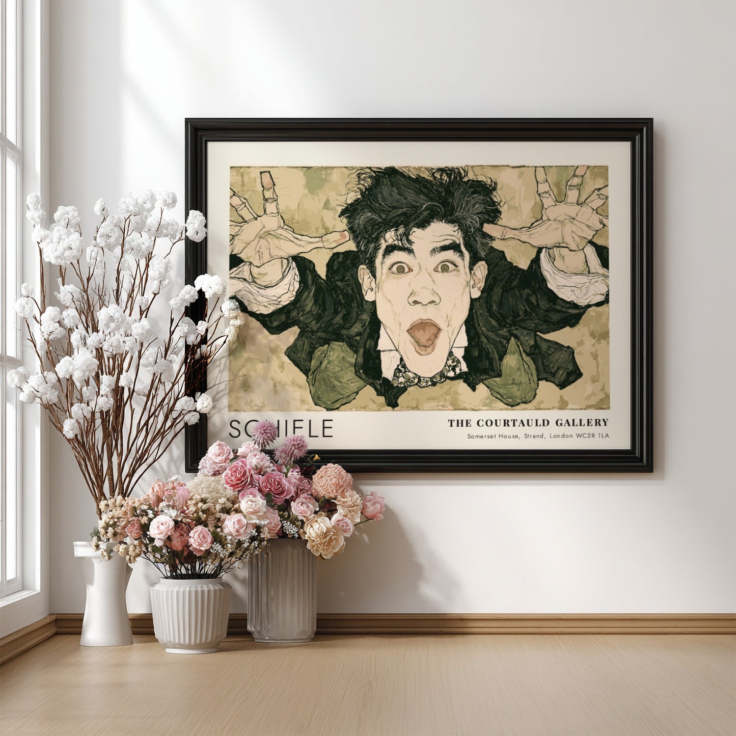 Wall art poster featuring an expressive Egon Schiele self-portrait with text from The Courtauld Gallery