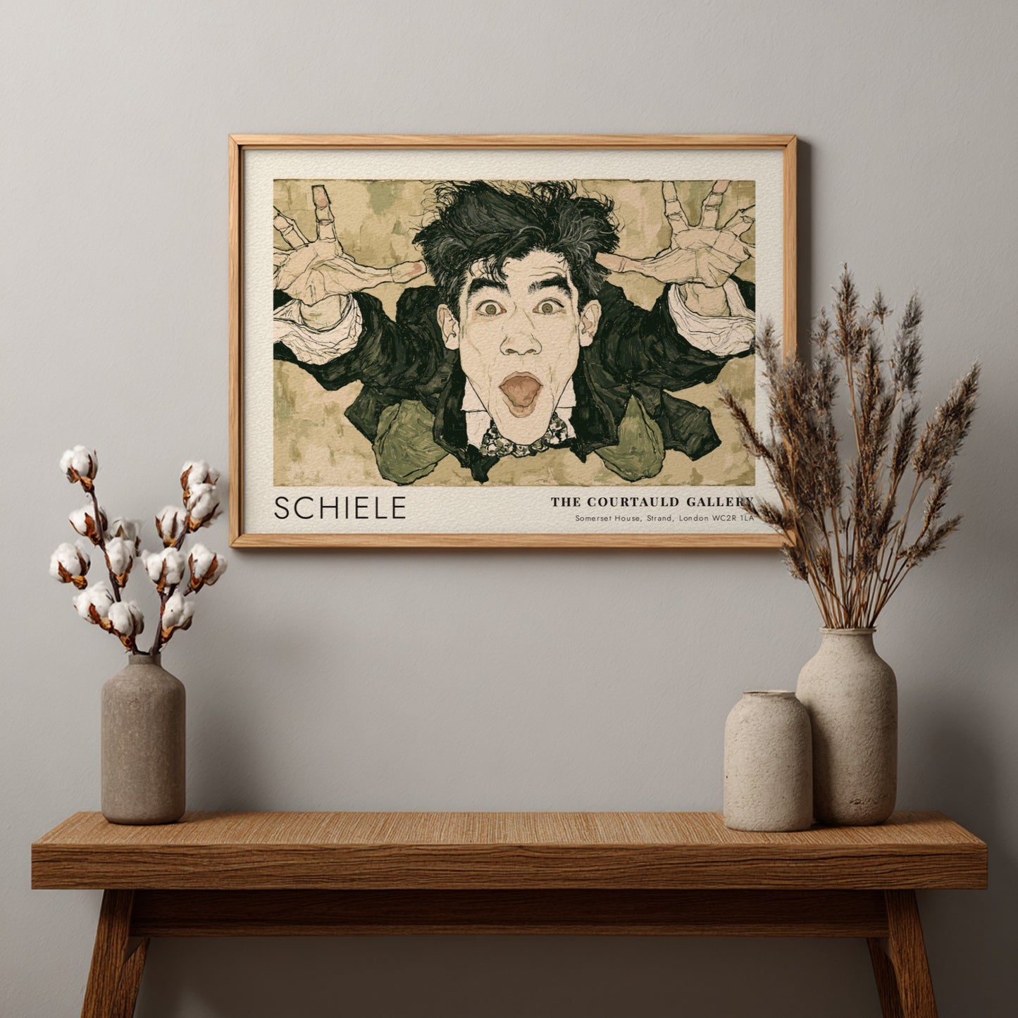 Wall art poster featuring an expressive Egon Schiele self-portrait with text from The Courtauld Gallery