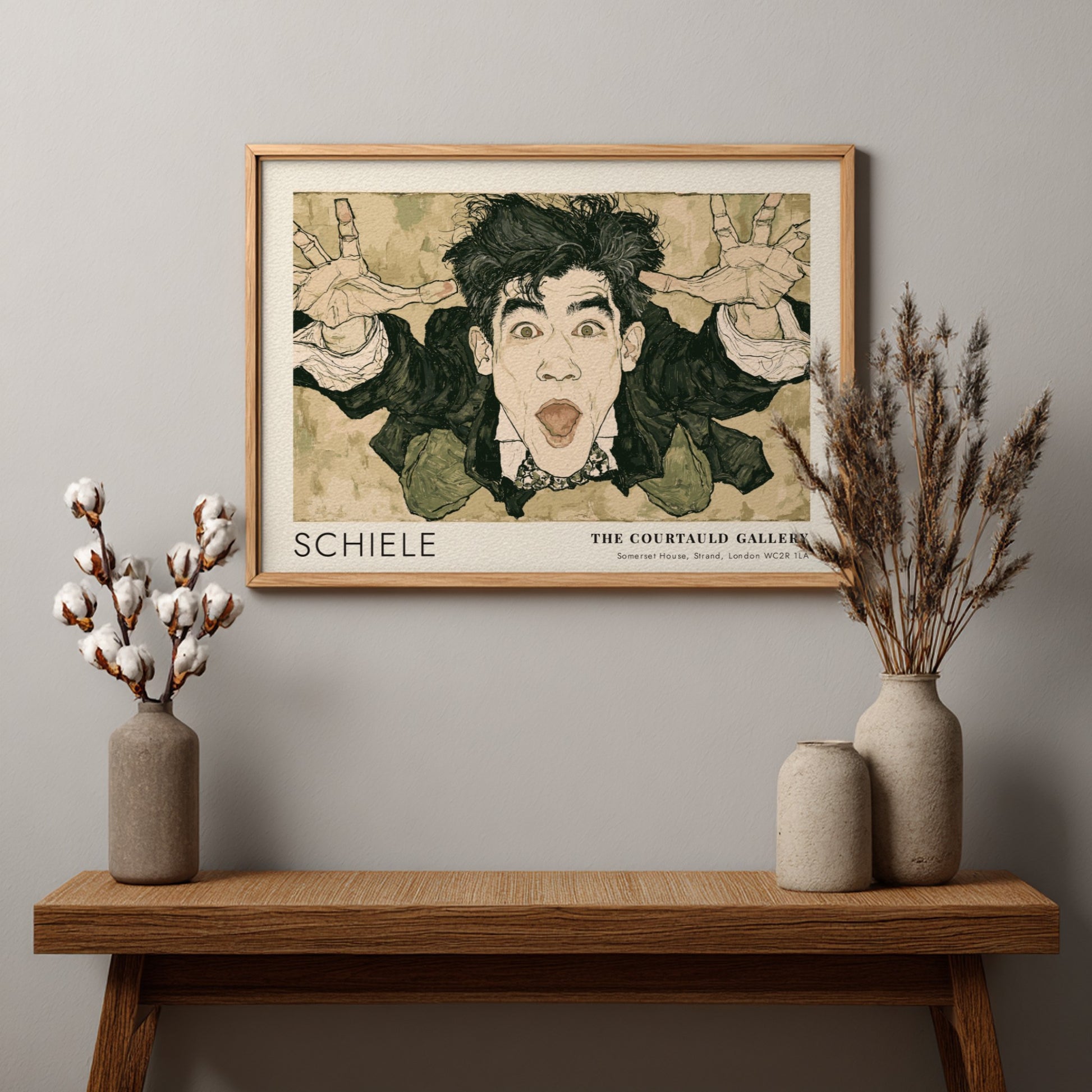 Wall art poster featuring an expressive Egon Schiele self-portrait with text from The Courtauld Gallery