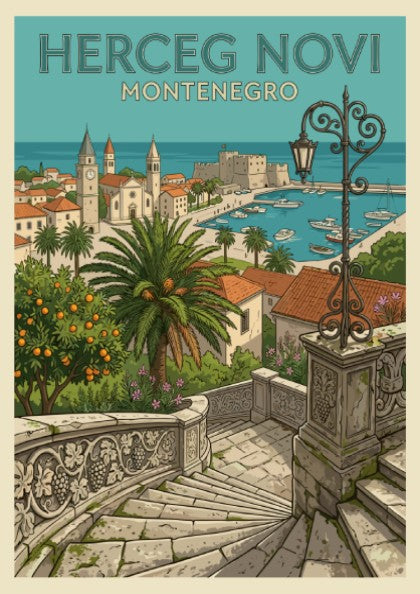 Herceg Novi Montenegro travel poster in illustrative style, featuring coastal town and harbor.
