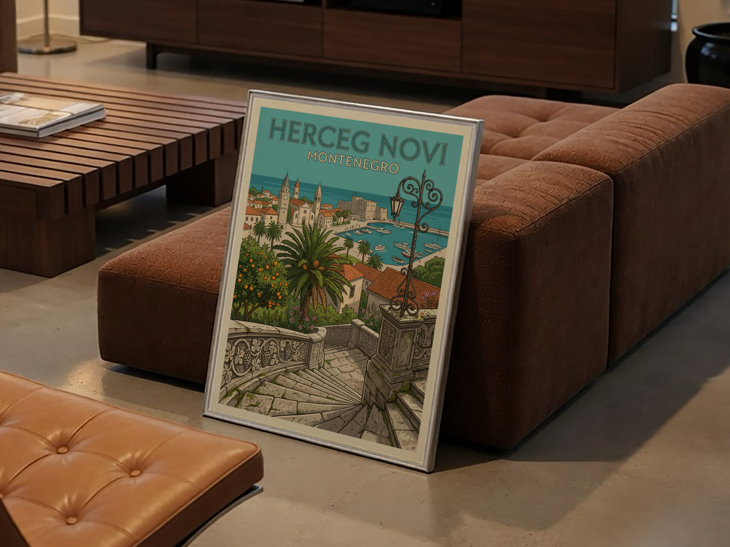Herceg Novi Montenegro travel poster in illustrative style, featuring coastal town and harbor.