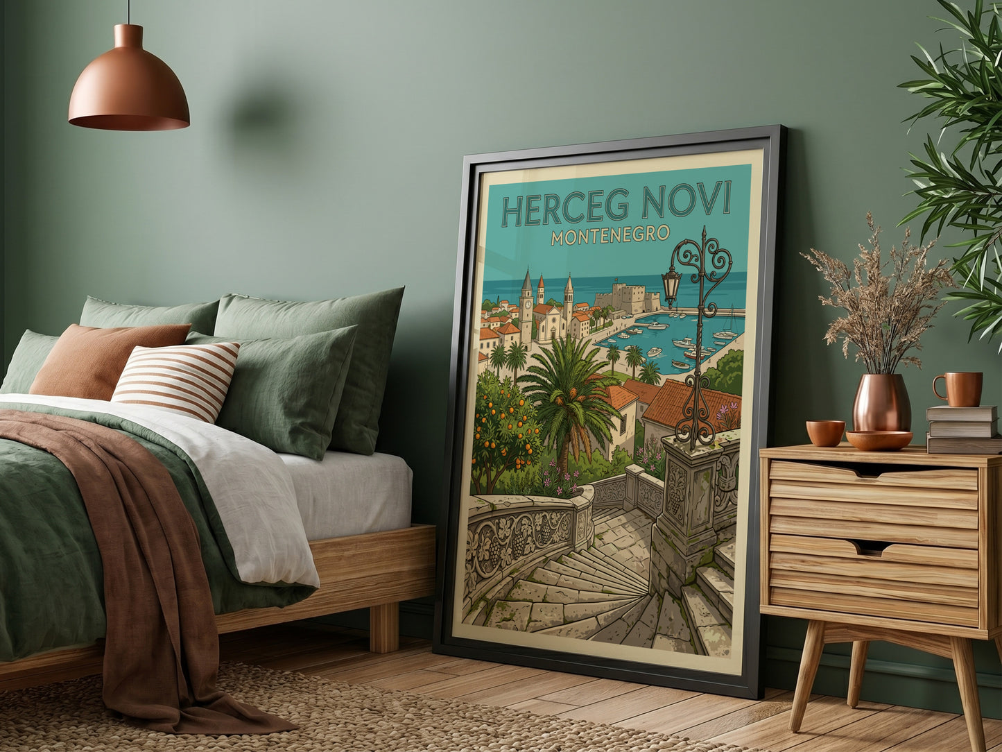 Herceg Novi Montenegro travel poster in illustrative style, featuring coastal town and harbor.