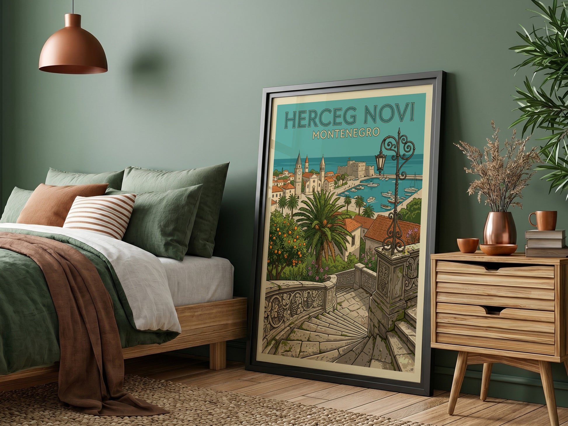 Herceg Novi Montenegro travel poster in illustrative style, featuring coastal town and harbor.