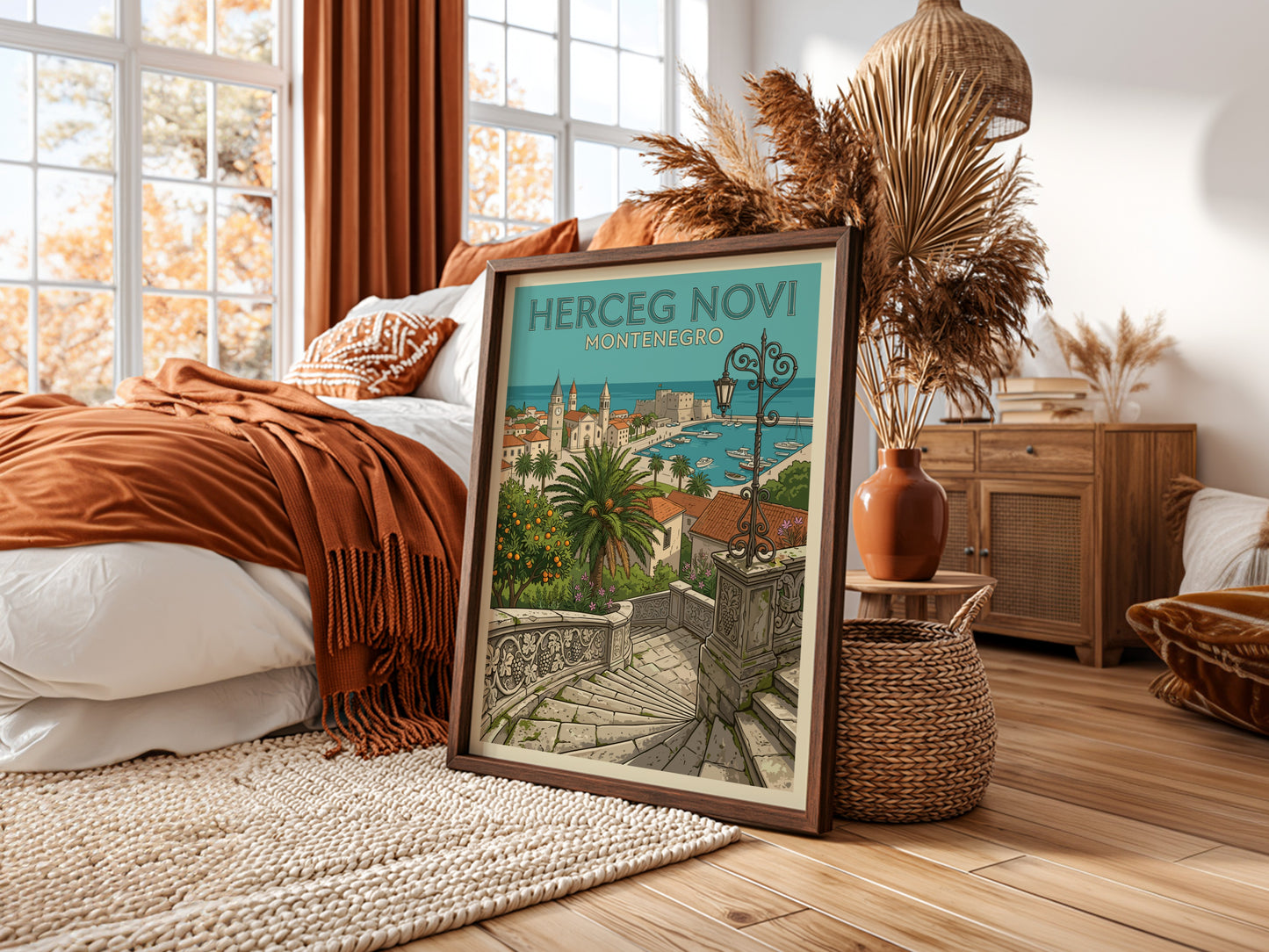 Herceg Novi Montenegro travel poster in illustrative style, featuring coastal town and harbor.