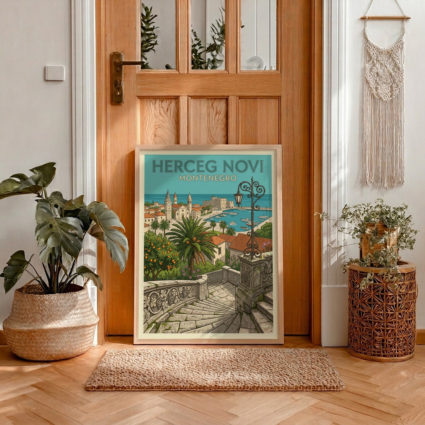 Herceg Novi Montenegro travel poster in illustrative style, featuring coastal town and harbor.