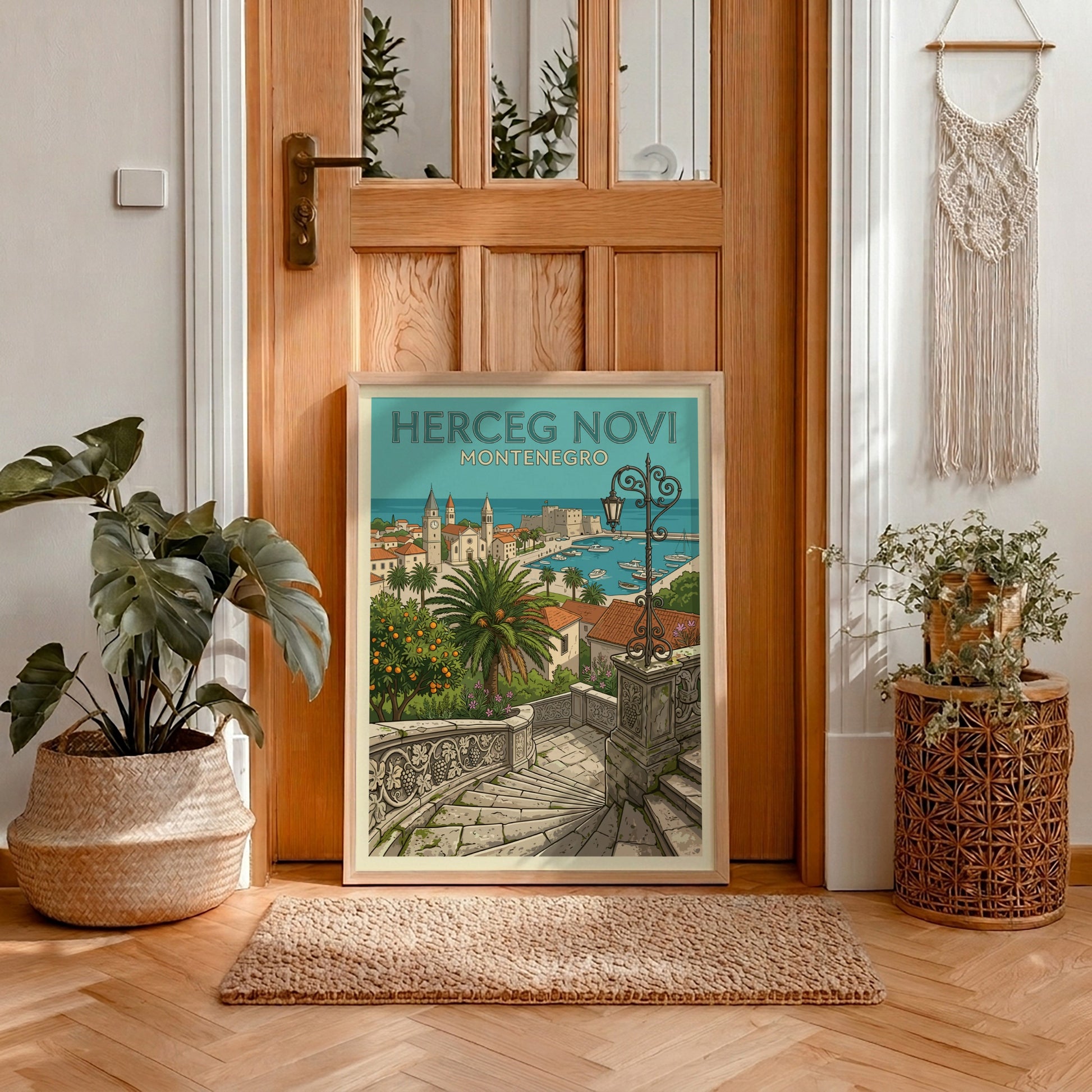 Herceg Novi Montenegro travel poster in illustrative style, featuring coastal town and harbor.