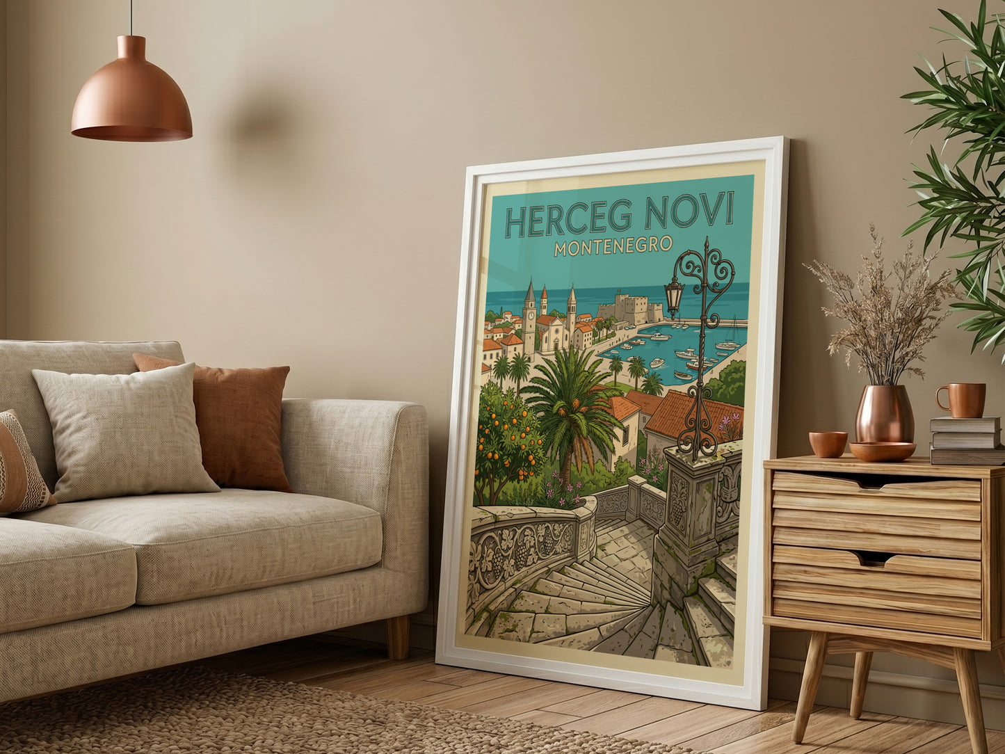 Herceg Novi Montenegro travel poster in illustrative style, featuring coastal town and harbor.