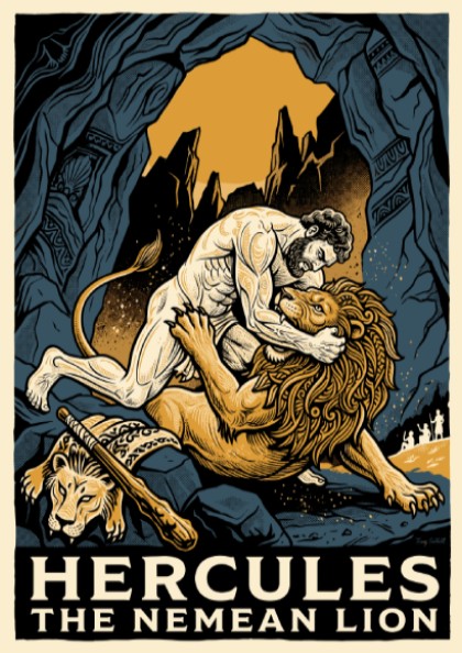 Poster featuring Hercules wrestling the Nemean Lion in a dark blue cavern setting.