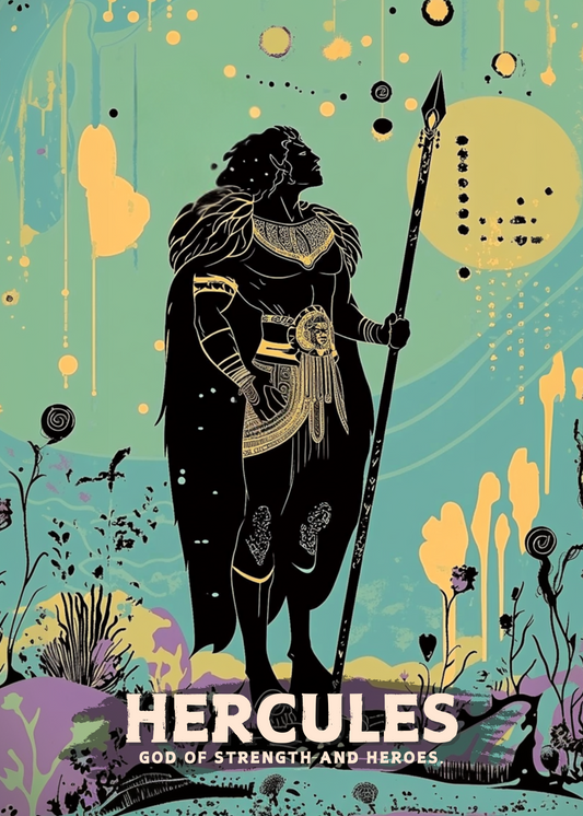Illustration of Hercules with a spear against a colorful background