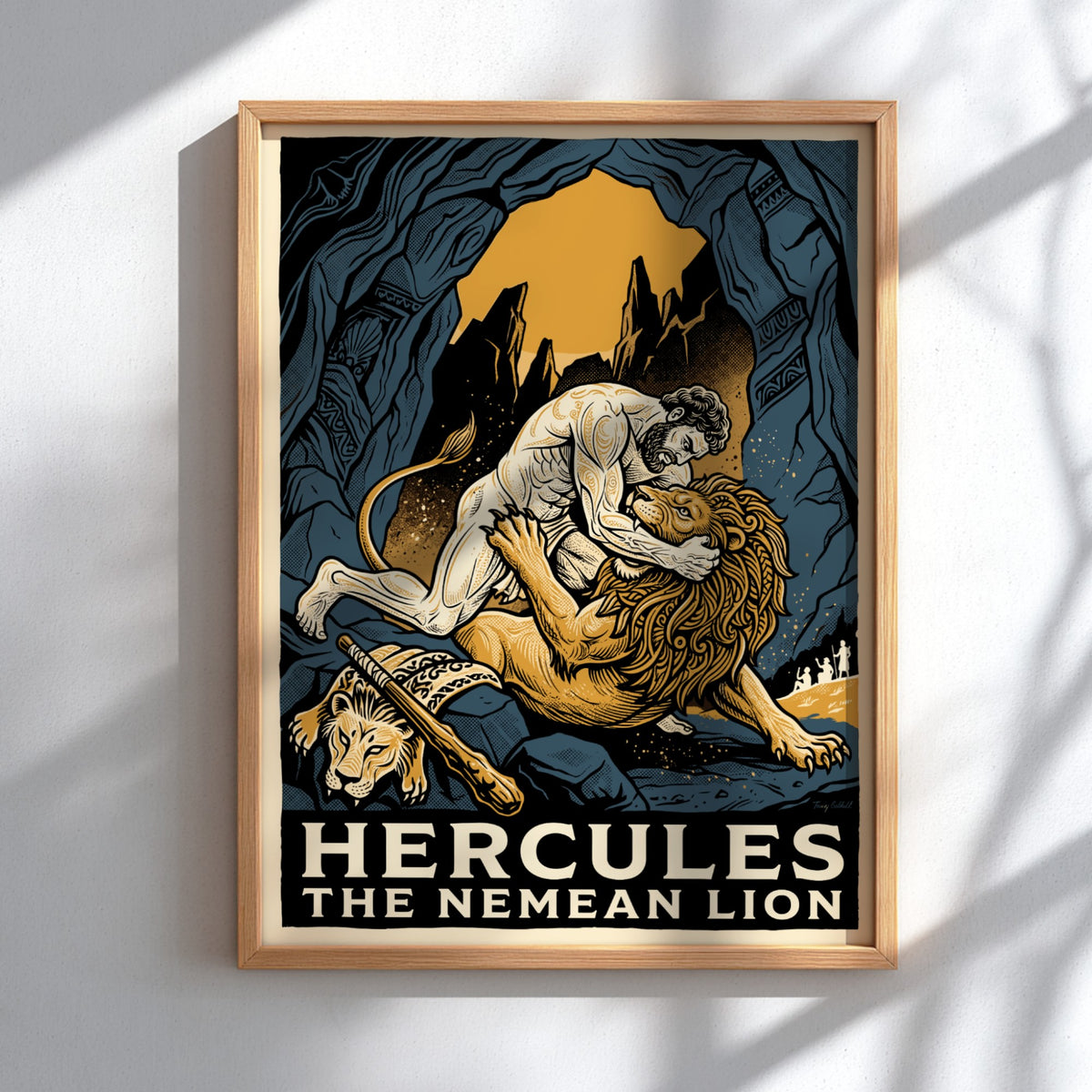 Poster featuring Hercules wrestling the Nemean Lion in a dark blue cavern setting.