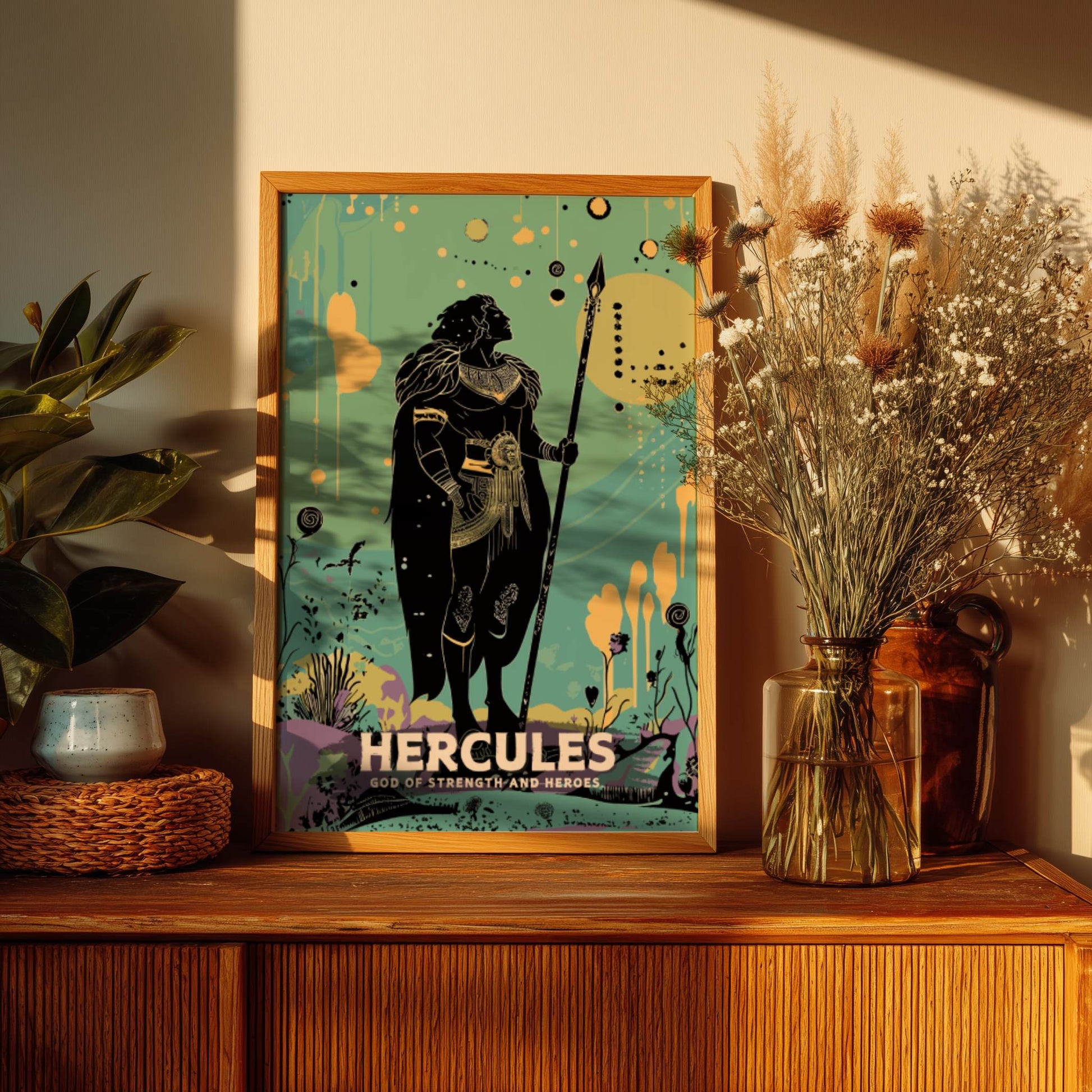 Framed Hercules poster on a wooden shelf with decorative plants and a vase.