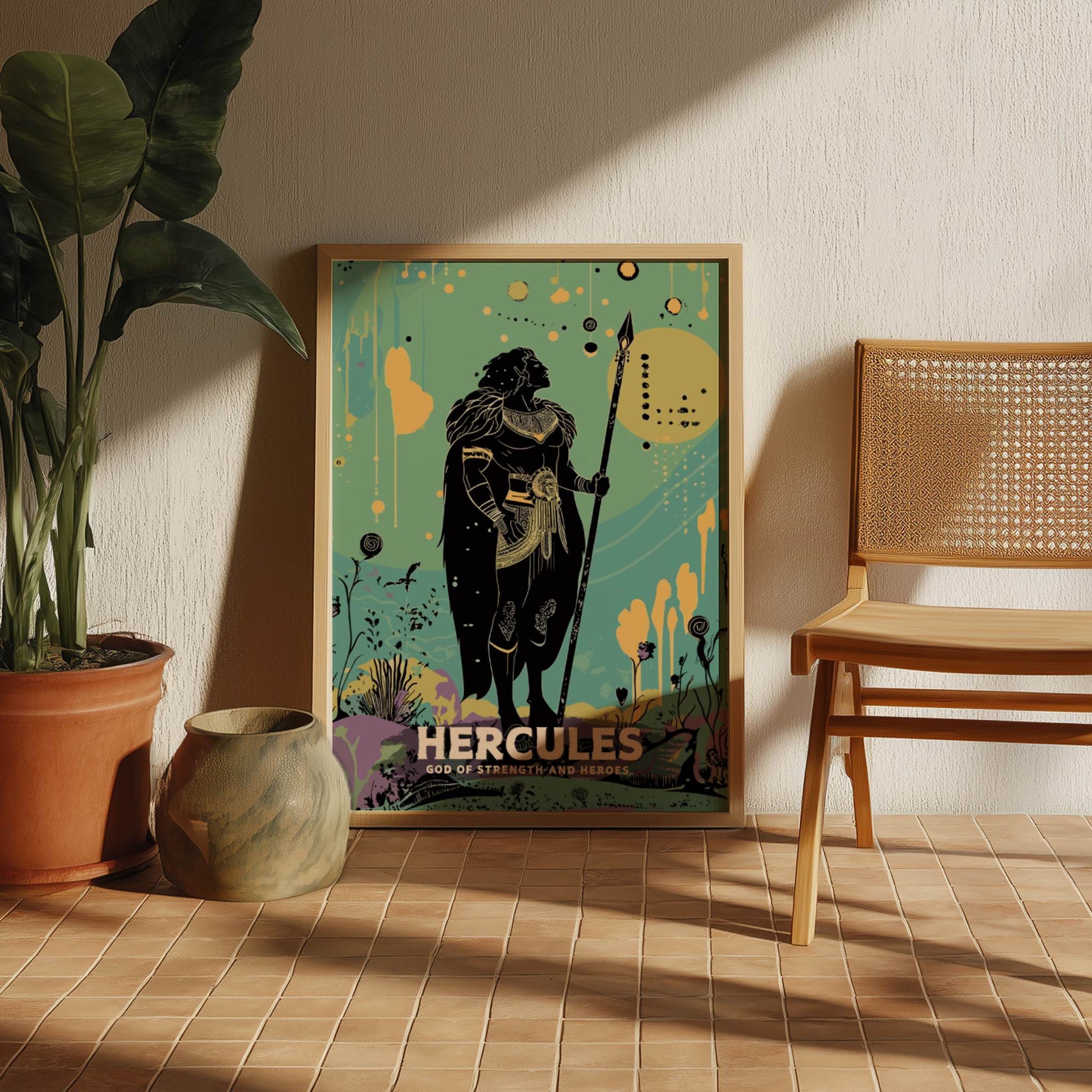 Framed 'Hercules' poster on a wall with a plant and chair in the background