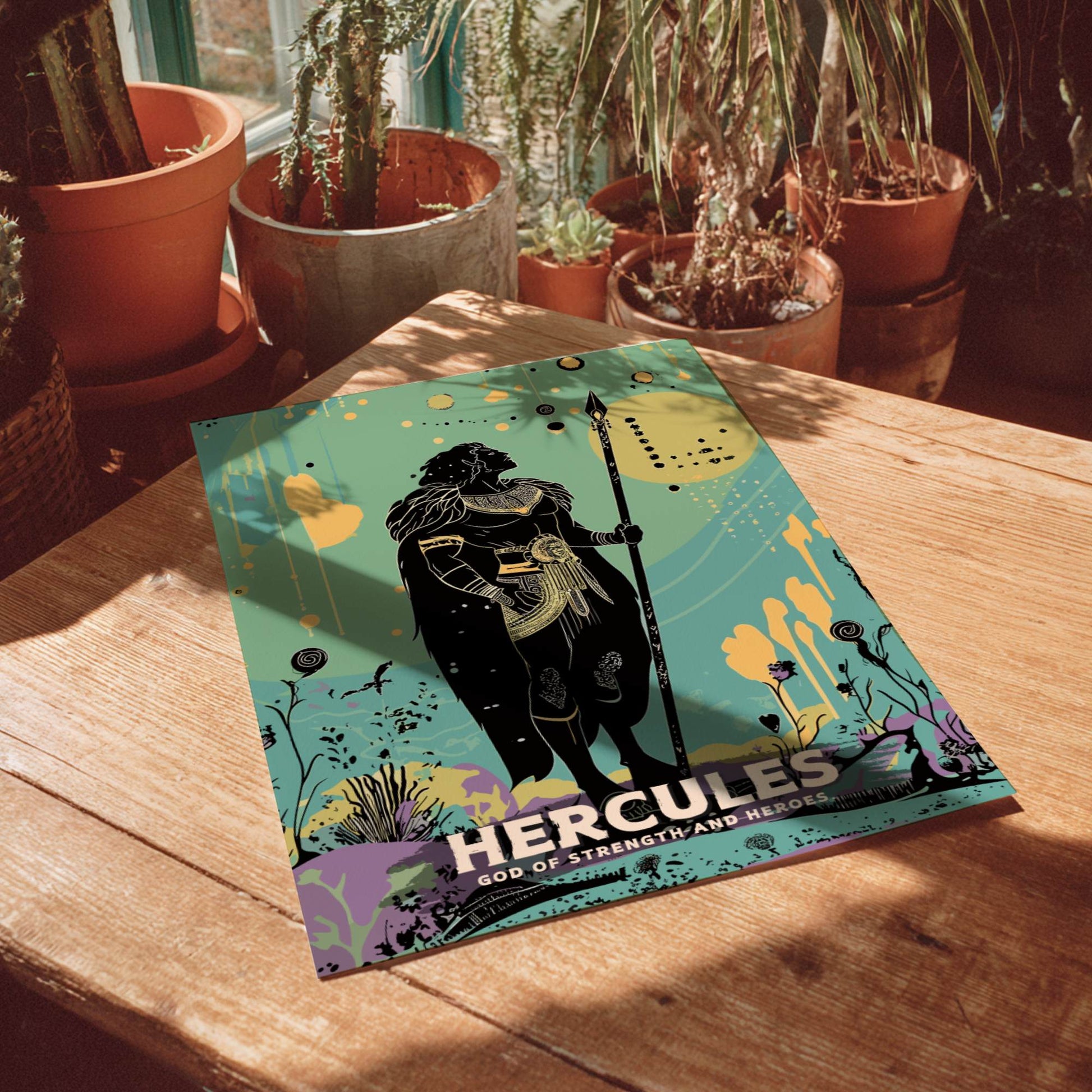 Poster 'Hercules' on a wooden table with potted plants in the background