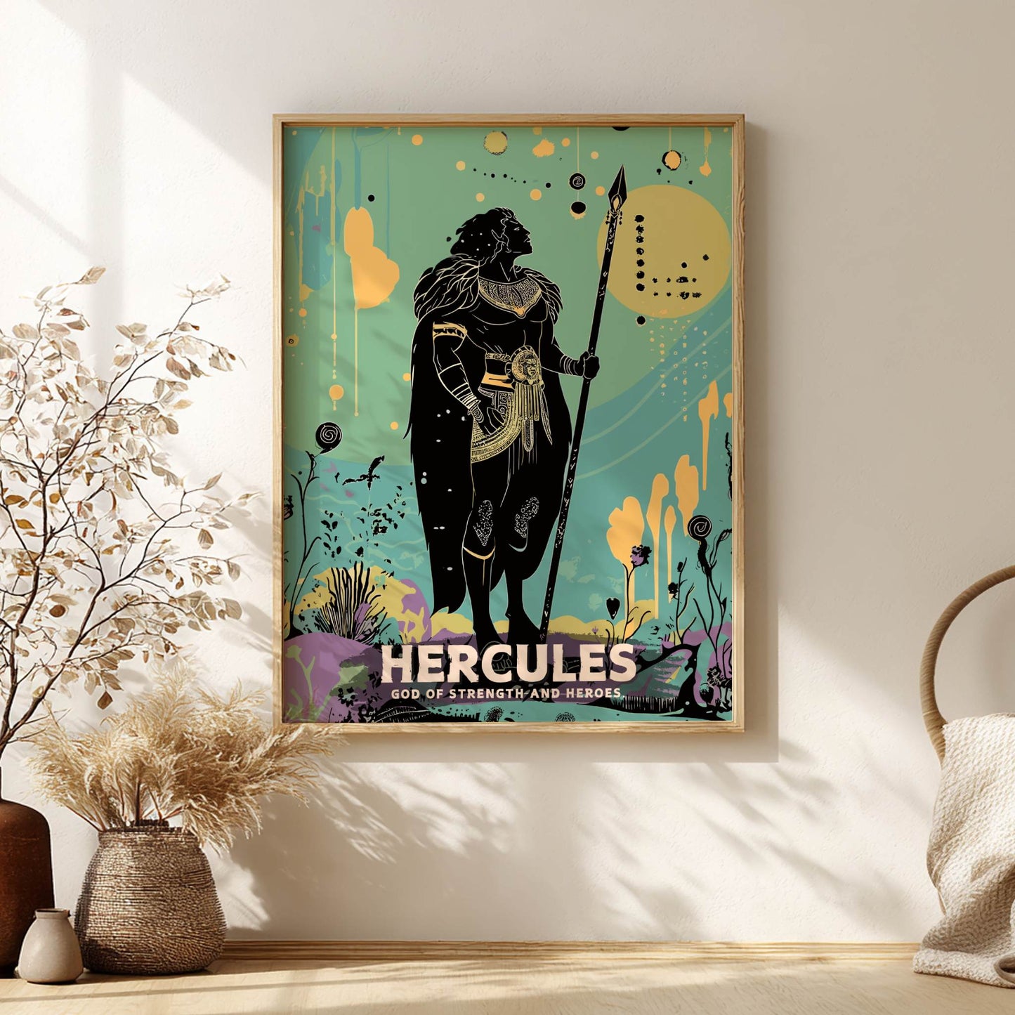 Framed poster of Hercules on a wall with decorative elements.