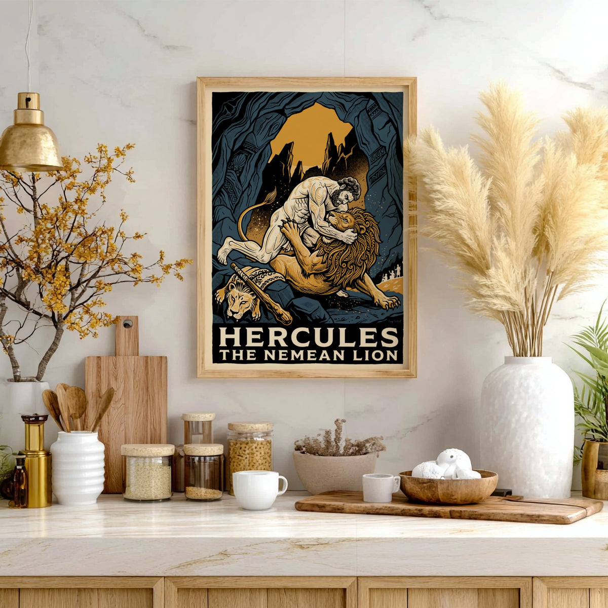 Poster featuring Hercules wrestling the Nemean Lion in a dark blue cavern setting.