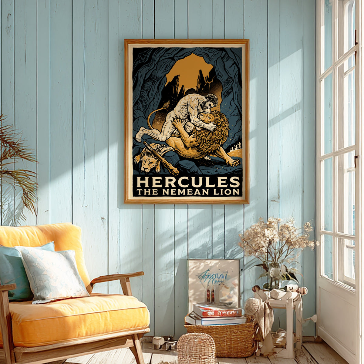 Poster featuring Hercules wrestling the Nemean Lion in a dark blue cavern setting.