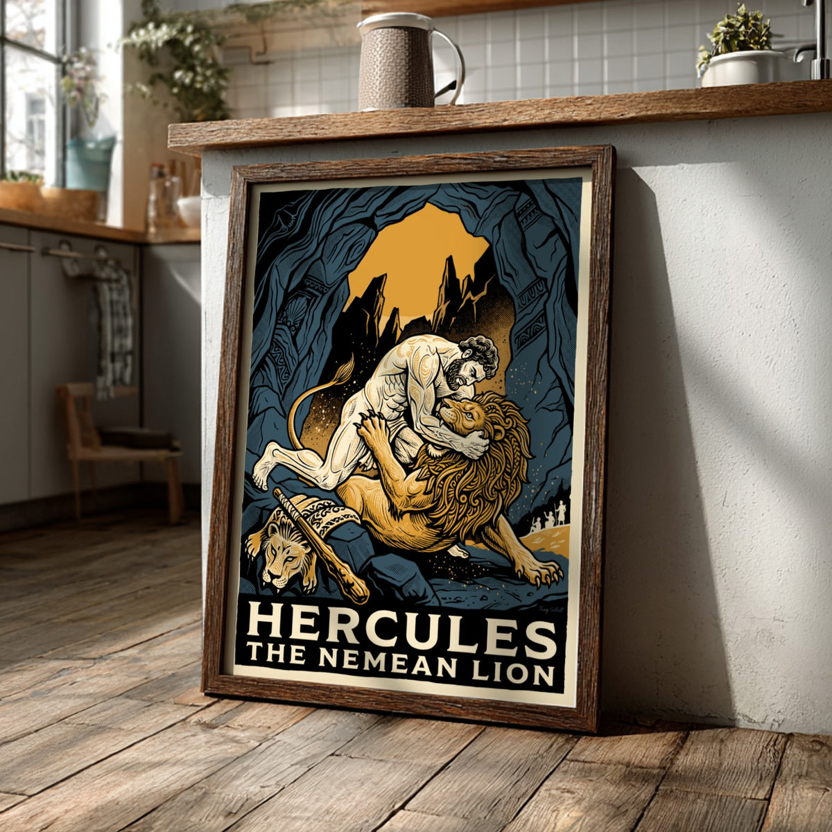 Poster featuring Hercules wrestling the Nemean Lion in a dark blue cavern setting.