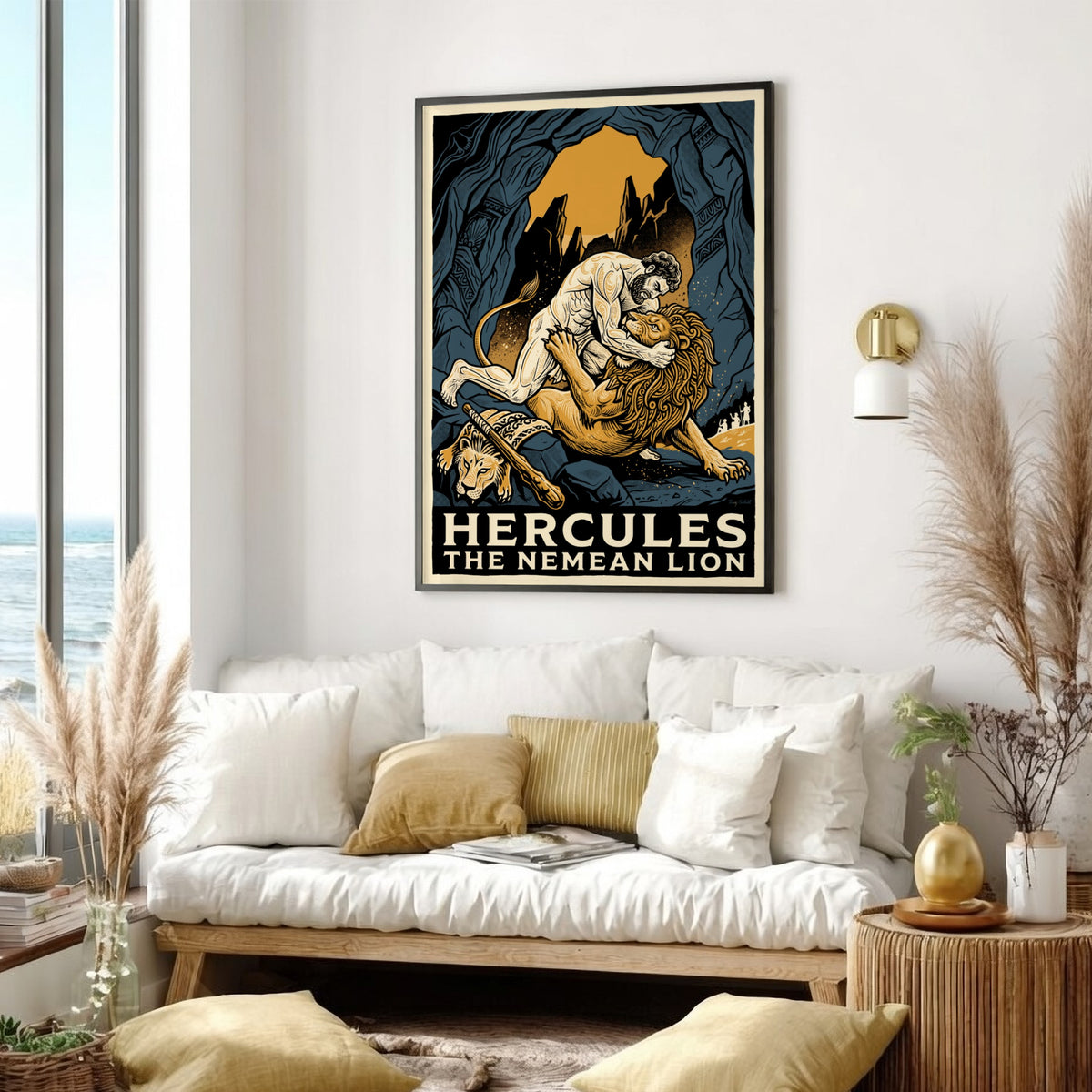 Poster featuring Hercules wrestling the Nemean Lion in a dark blue cavern setting.