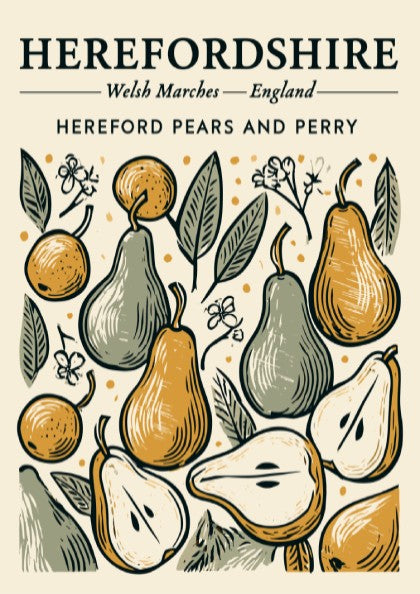 Kitchen poster featuring vintage pears and foliage in warm colors