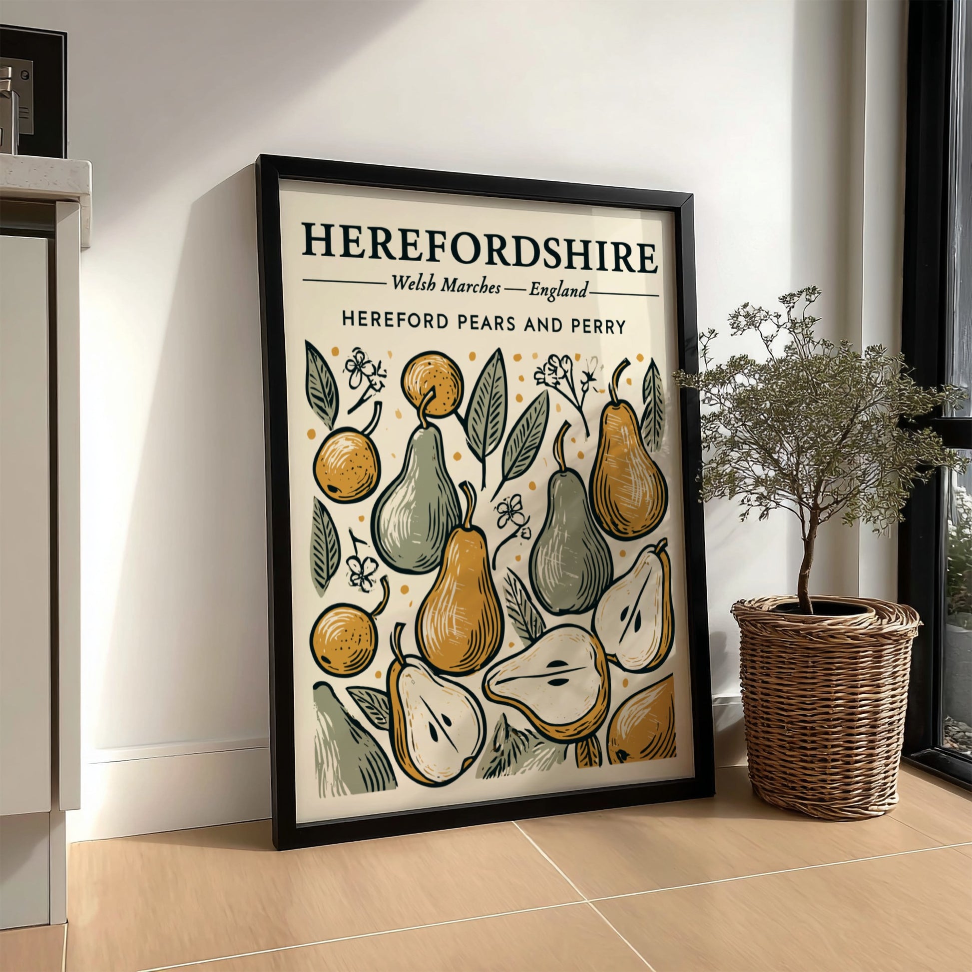 Kitchen poster featuring vintage pears and foliage in warm colors