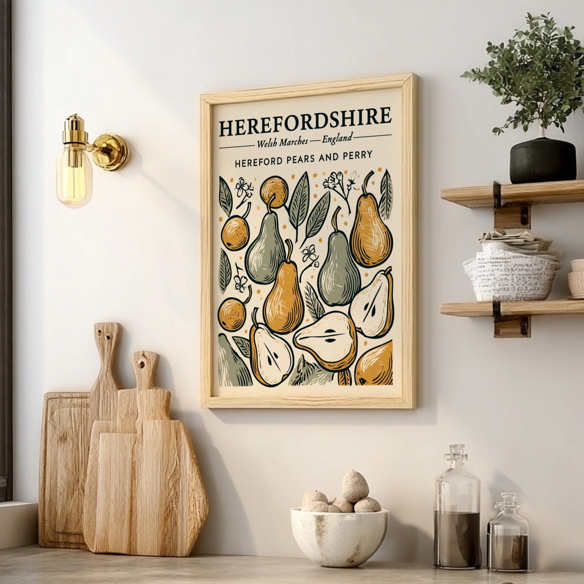 Kitchen poster featuring vintage pears and foliage in warm colors