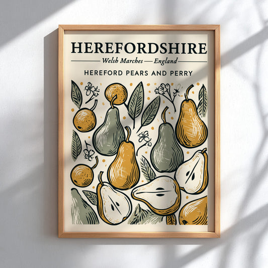 Kitchen poster featuring vintage pears and foliage in warm colors