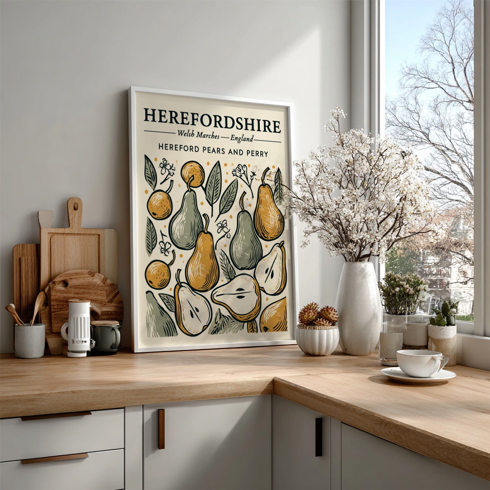 Kitchen poster featuring vintage pears and foliage in warm colors