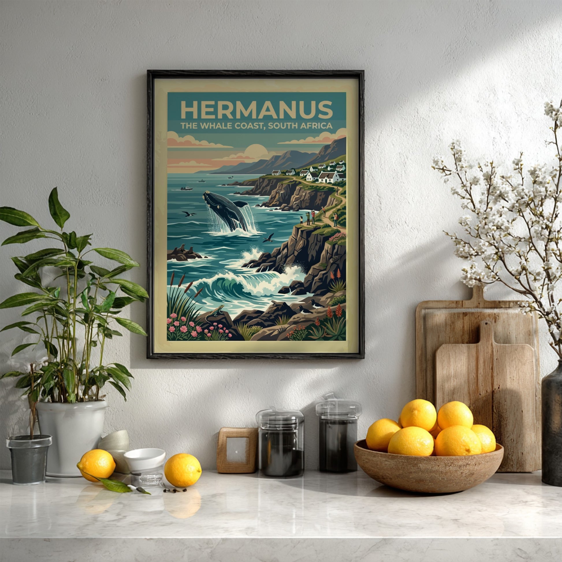 Travel poster of Hermanus, South Africa, featuring a breaching whale near coastal cliffs.