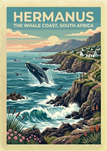 Travel poster of Hermanus, South Africa, featuring a breaching whale near coastal cliffs.